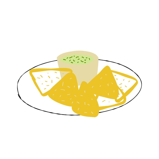 Nachos De Cuisine Mexicaine Avec Illustration De Guacamole Isolé Sur Fond Blanc