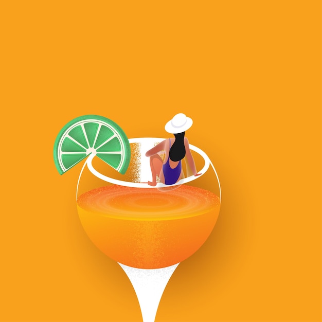 Vecteur nageuse avec tranche de citron au verre à cocktail sur fond orange