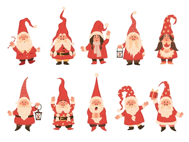 Nains De Noël. Adorables Gnomes En Costumes Blancs Rouges Avec Des Lanternes, Personnages Drôles De Contes De Fées En Chapeaux Avec Attributs De Noël, Vecteur De Collection De Décors De Vacances D'hiver Isolé Sur Fond Blanc