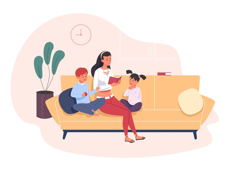 Vecteur nanny lisant des enfants maman jeune ou baby-sitter lisant des livres pour enfants sur le canapé confortable de la maison parents service de garde d'enfants