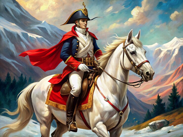 Napoléon Bonaparte à cheval sur un paysage montagneux enneigé