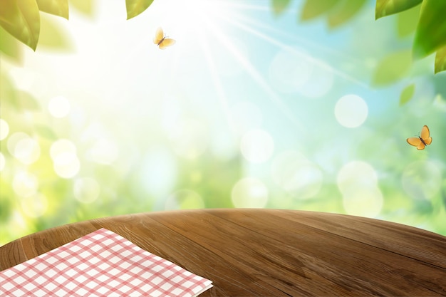 Nappe De Grille Sur La Table En Bois Et La Nature De Bokeh Dans L'illustration 3d