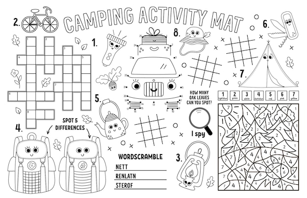 Napperon de camping de vecteur Tapis d'activité imprimable de vacances de camp d'été avec des diagrammes d'orteil de tic tac de labyrinthe relient la couleur de mots croisés de points par le tapis de jeu noir et blanc ou la page de coloriagexA