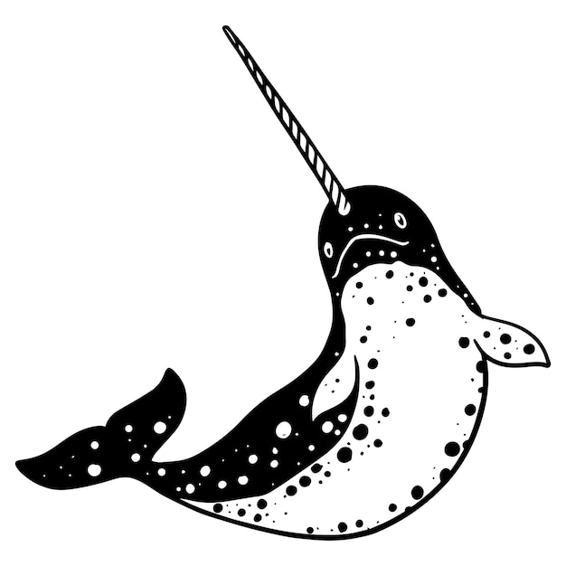 Vecteur narval baleine noir et blanc illustration vectorielle dessinés à la main