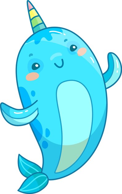 Un narval de dessin animé joyeux glisse à travers les eaux bleu vif en montrant sa corne colorée et ses traits faciaux amicaux rayonnant de joie et de l'esprit ludique.