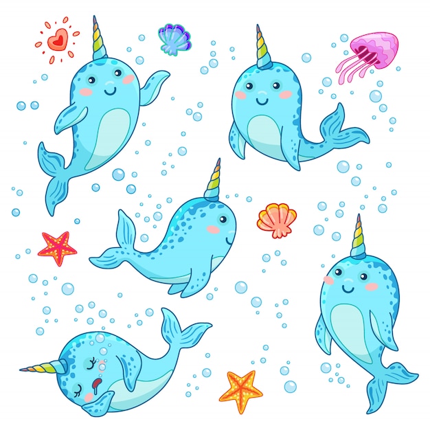 Narwhals Kawaii De Dessin Animé Mignon Avec Corne Arc-en-ciel