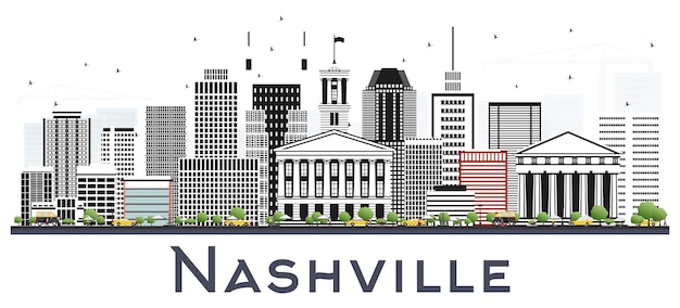 Nashville Tennessee City Skyline avec des bâtiments de couleur isolés sur blanc