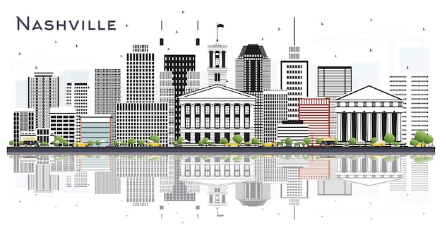 Nashville Tennessee City Skyline avec des bâtiments de couleur et des reflets isolés sur blanc