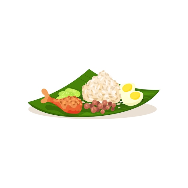 Nasi Lemak Malaisien Sur Feuille Verte Riz Avec Oeuf Bouilli Cuisse De Poulet Tranches De Concombre Et Cacahuètes Cuisine Asiatique Traditionnelle élément Graphique Pour Menu De Café Ou De Restaurant Conception Vectorielle Plate Isolée