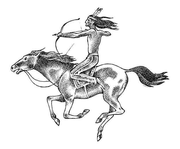 National American Indian Riding Horse Avec Lance à La Main. Homme Traditionnel. Gravé à La Main Dessiné Dans Un Vieux Croquis.