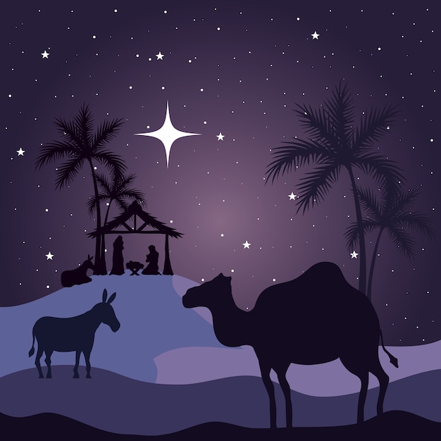 Nativité mary joseph bébé âne et chameau sur fond violet, thème joyeux Noël
