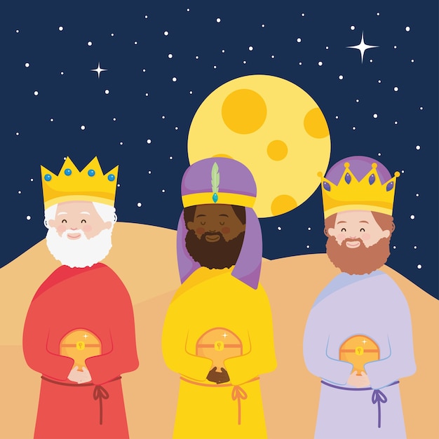 Vecteur nativité, personnages de crèche rois sages avec cadeau naissance du christ