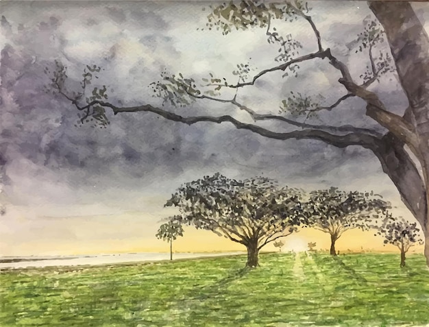 Nature aquarelle dessinée à la main avec illustration d'arbre