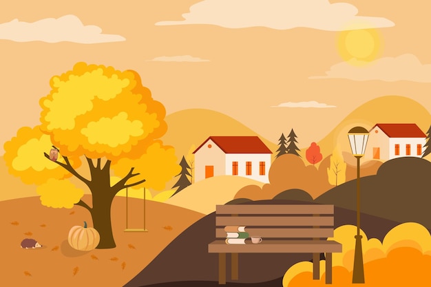 Nature D'automne, Village, Pays, Paysages Urbains. Illustration Vectorielle O