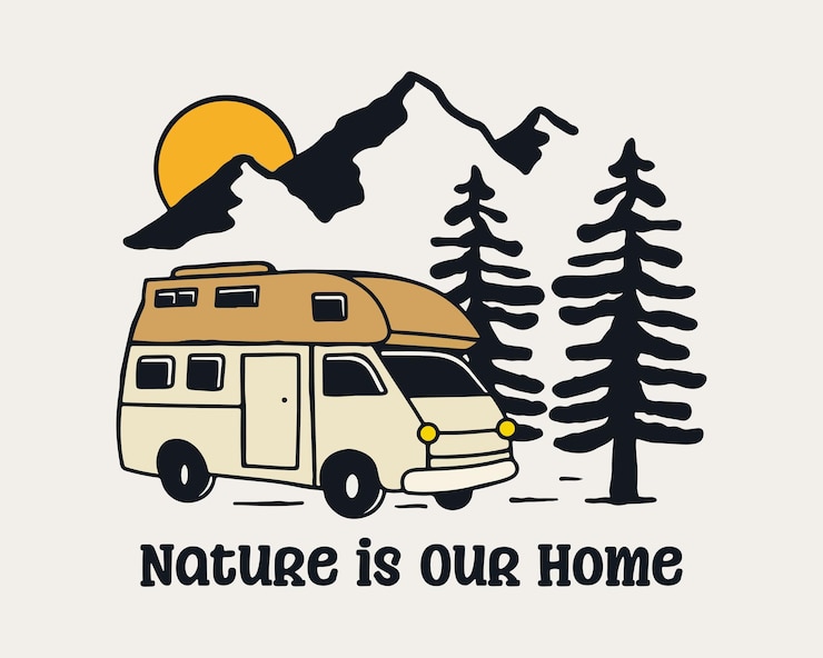 Vecteur la nature est notre maison avec le camping-car et la montagne dessin vintage à la main