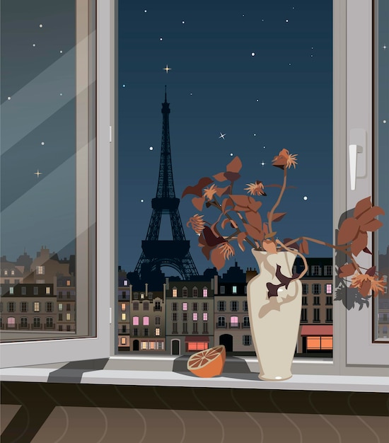 Vecteur la nature morte se dresse sur le rebord de la fenêtre sur la toile de fond de paris la nuit vector