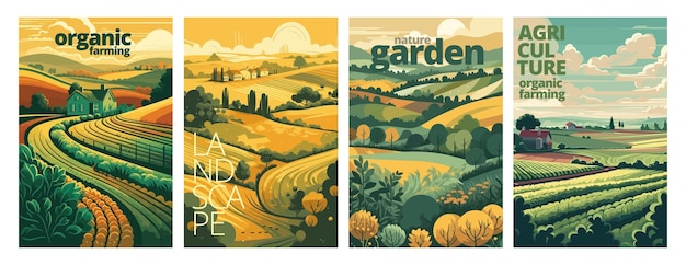 Nature et paysage agricole village ciel champ arbres maison et pelouse pour affiche d'arrière-plan illustration vectorielle décor