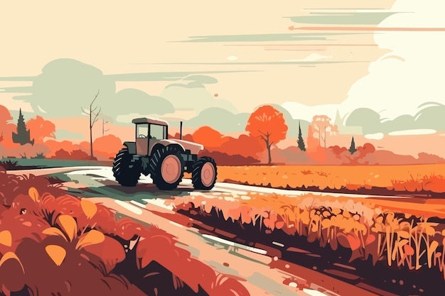 Vecteur nature et paysage agricole village ciel champ arbres tracteur et herbe pour affiche d'arrière-plan conception d'illustration vectorielle
