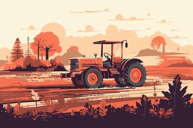 Nature et paysage agricole village ciel champ arbres tracteur et herbe pour affiche d'arrière-plan conception d'illustration vectorielle