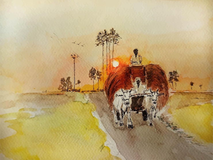 Vecteur une nature de la peinture de paysage d'aquarelle de champ sur le fond de papier