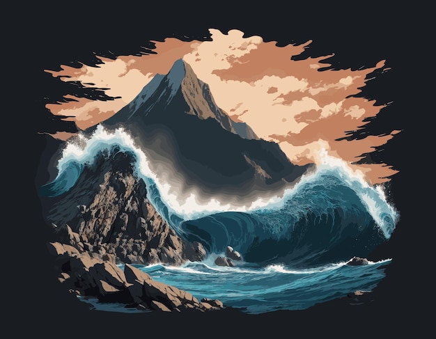 Nature's Harmony Une Superbe Illustration Unissant La Majesté Des Vagues De La Mer Et Des Montagnes Escarpées.