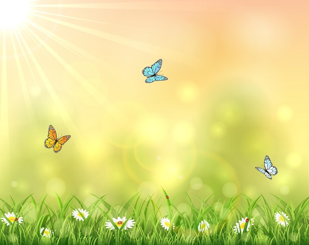 Nature avec trois papillons fond d'été avec soleil et fleurs dans l'illustration de l'herbe