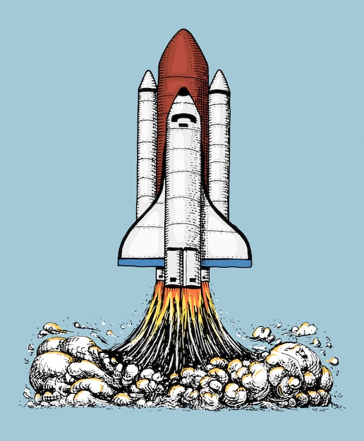 La Navette Spatiale Décolle. Exploration Astronautique Astronomique. Gravé à La Main Dessiné Dans Un Vieux Croquis, Style Vintage Pour étiquette, Entreprise De Démarrage Ou T-shirt. Navire Volant. Lancement De Fusée Vers Le Ciel.