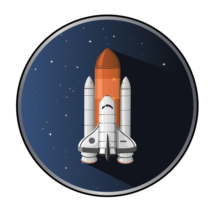 Vecteur la navette spatiale rocket shuttle vole sur sky mission d'exploration spatiale sur fond rond logo isolé