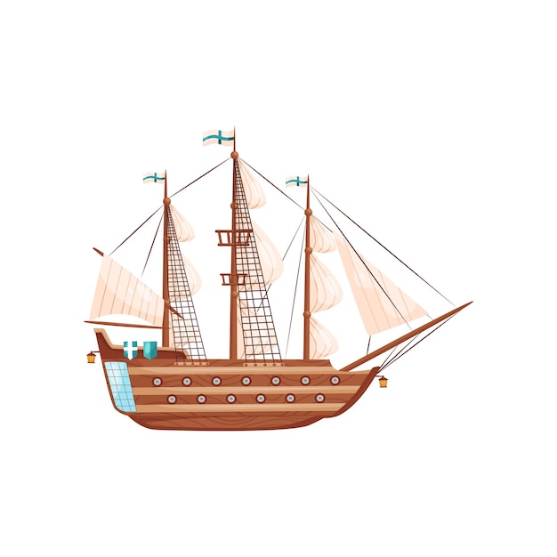 Navire En Bois Avec De Grandes Voiles Beige Drapeau Avec Des Croix Bleues Et Des Fenêtres Rondes Transport Aquatique Médiéval Navire Marin Illustration De Style Dessin Animé Icône Vectorielle Plate Colorée Isolée Sur Fond Blanc