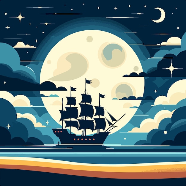 Vecteur navire dans l'océan thème sombre nuit effrayante avec la nature de la mer avec la lune