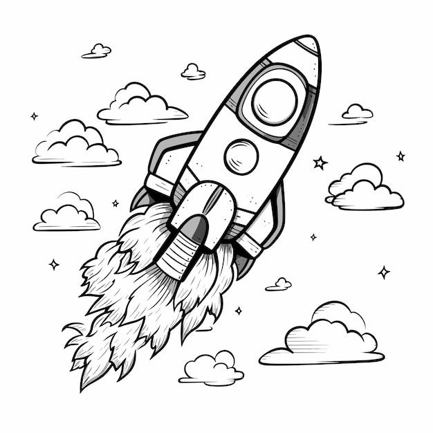 Vecteur navire-fusée isolé coloriage pour enfants navire-fusée avec des étoiles déjeuner dans l'espace