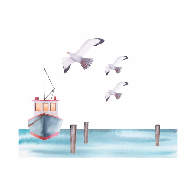 Navire en mer et mouettes illustration aquarelle