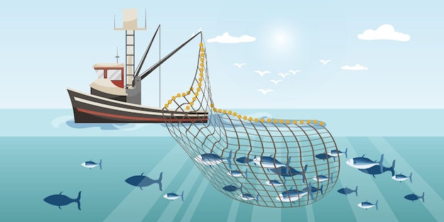 Vecteur navire de pêche commerciale avec grand filet de poisson plein bateau de pêche de dessin animé travaillant dans la mer ou l'océan attrapant par la senne fruits de mer thon hareng sardine saumon navire de l'industrie dans le paysage marin illustration vectorielle