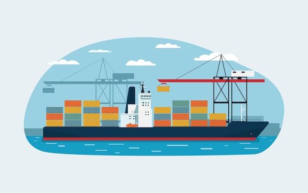 Navire porte-conteneurs sur le fond d'un terminal à conteneurs Illustration vectorielle