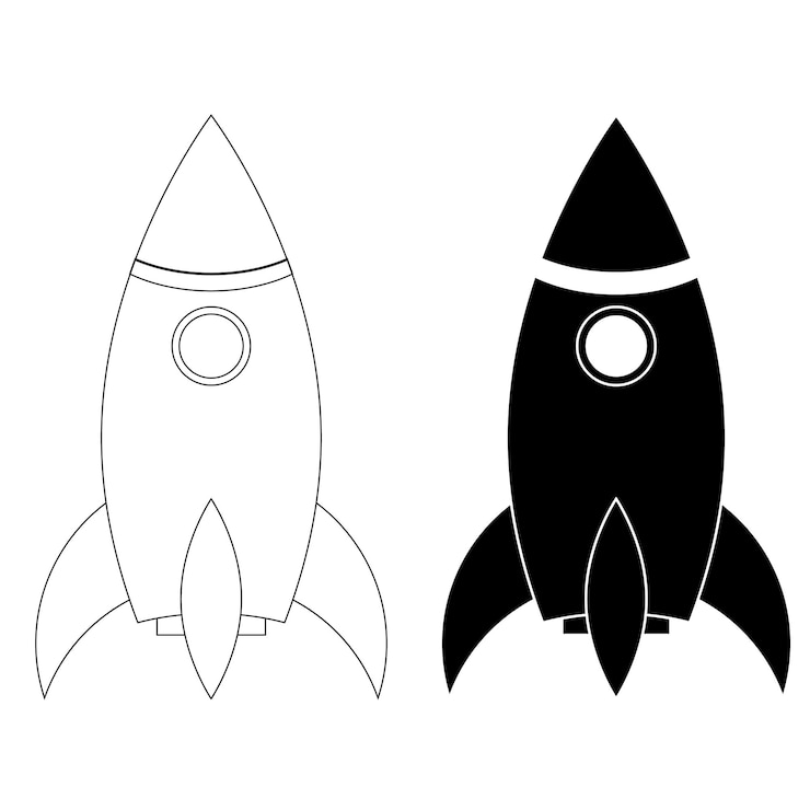 Vecteur navire spatial de fusée dans l'illustration vectorielle icône de fusée en noir et blanc