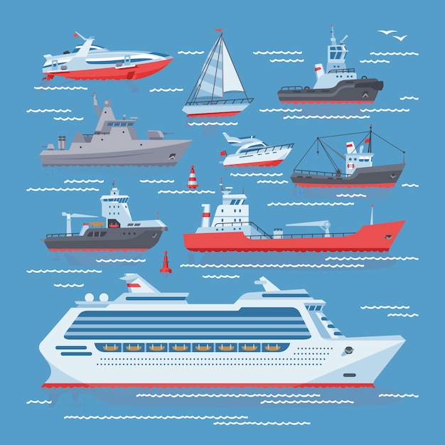 Vecteur navires bateaux ou croisière voyageant dans l'océan ou la mer et le transport maritime illustration marine ensemble de voilier nautique yachting ou hors-bord sur fond