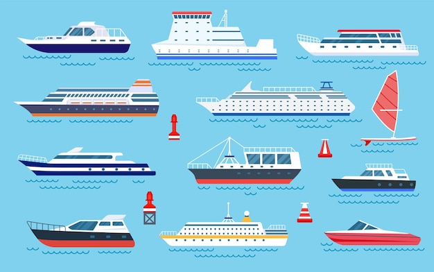 Vecteur navires plats. bateaux rapides, transport maritime. yachts de croisière plats, voilier et bateau à moteur. ensemble de vecteurs de transport et d'expédition océaniques de dessin animé. illustration bateau à moteur et croisière, yacht de vitesse océanique