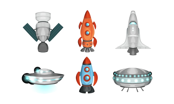 Vecteur navires spatiaux set fusée station spatiale ovni soucoupe spatiale illustration vectorielle de style plat