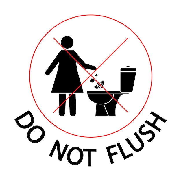 Vecteur ne pas rincer, icône. une femme jette des serviettes hygiéniques dans les toilettes. toilette pas de poubelle. veuillez ne pas rincer les serviettes en papier, les produits sanitaires, l'icône. icône d'interdiction. vecteur