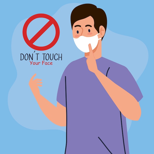 Ne touchez pas votre visage, homme utilisant un masque facial