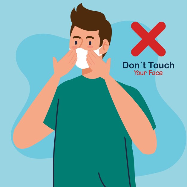 Ne touchez pas votre visage, jeune homme utilisant un masque facial