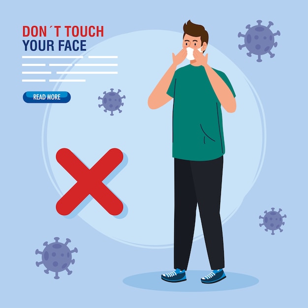 Ne touchez pas votre visage, jeune homme utilisant une protection respiratoire, évitez de toucher votre visage, prévention du coronavirus covid19