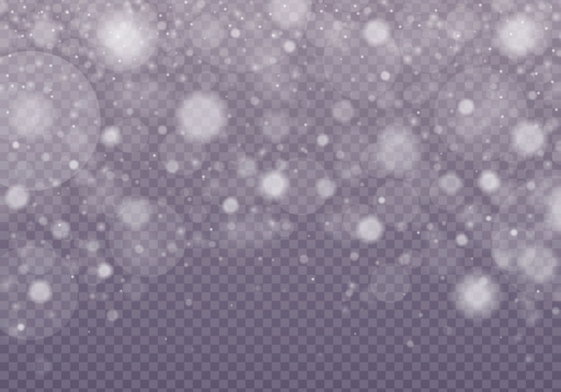 Vecteur neige, bokeh brillant isolé sur fond transparent.