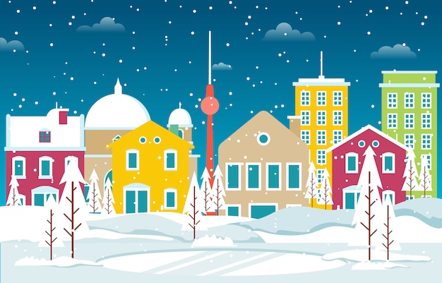 Vecteur neige d'hiver à berlin cityscape skyline landmark building illustration