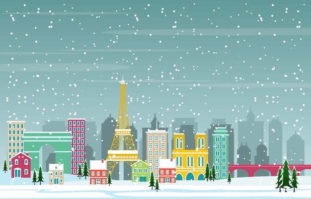 Vecteur neige hivernale à paris cityscape skyline landmark bâtiment illustration