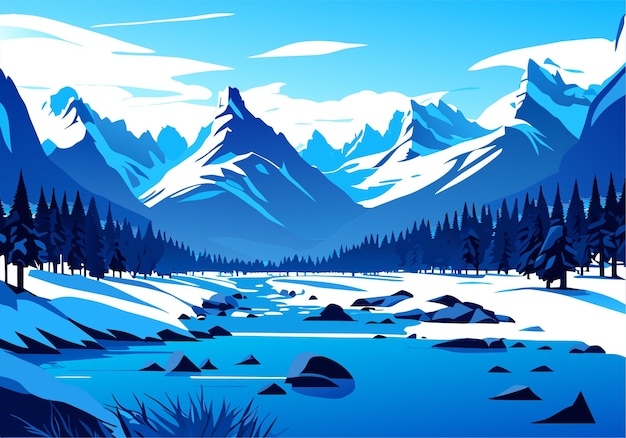 Vecteur neige montagne rivière forêt ciel bleu fond d'écran illustration fond