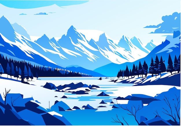 Vecteur neige montagne rivière forêt ciel bleu fond d'écran illustration fond