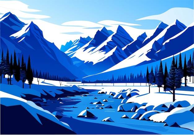 Vecteur neige montagne rivière forêt ciel bleu fond d'écran illustration fond