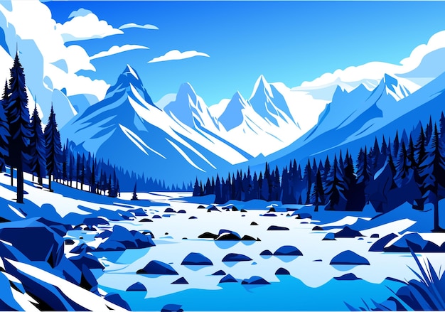 Neige Montagne Rivière Forêt Ciel Bleu Fond D'écran Illustration Fond