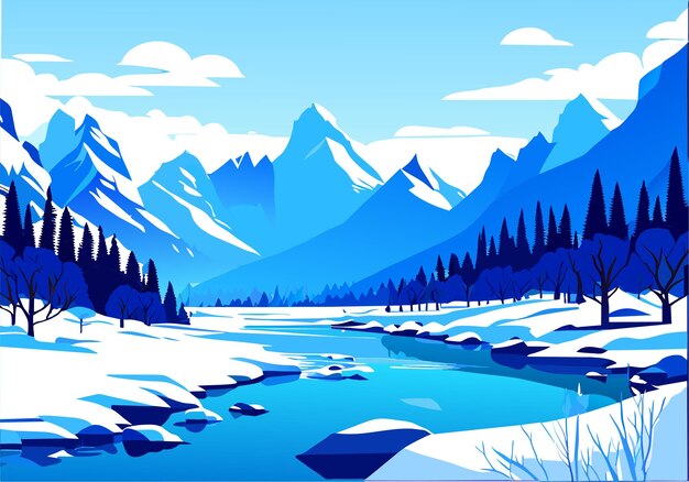 Vecteur neige montagne rivière forêt ciel bleu fond d'écran illustration fond
